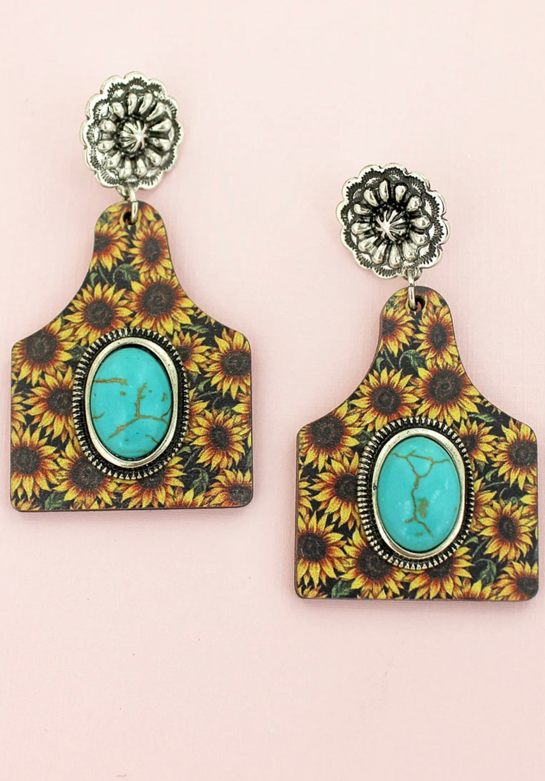 Turquoise Stone and Wild Sunflower Wood Cattle Tag Earrings