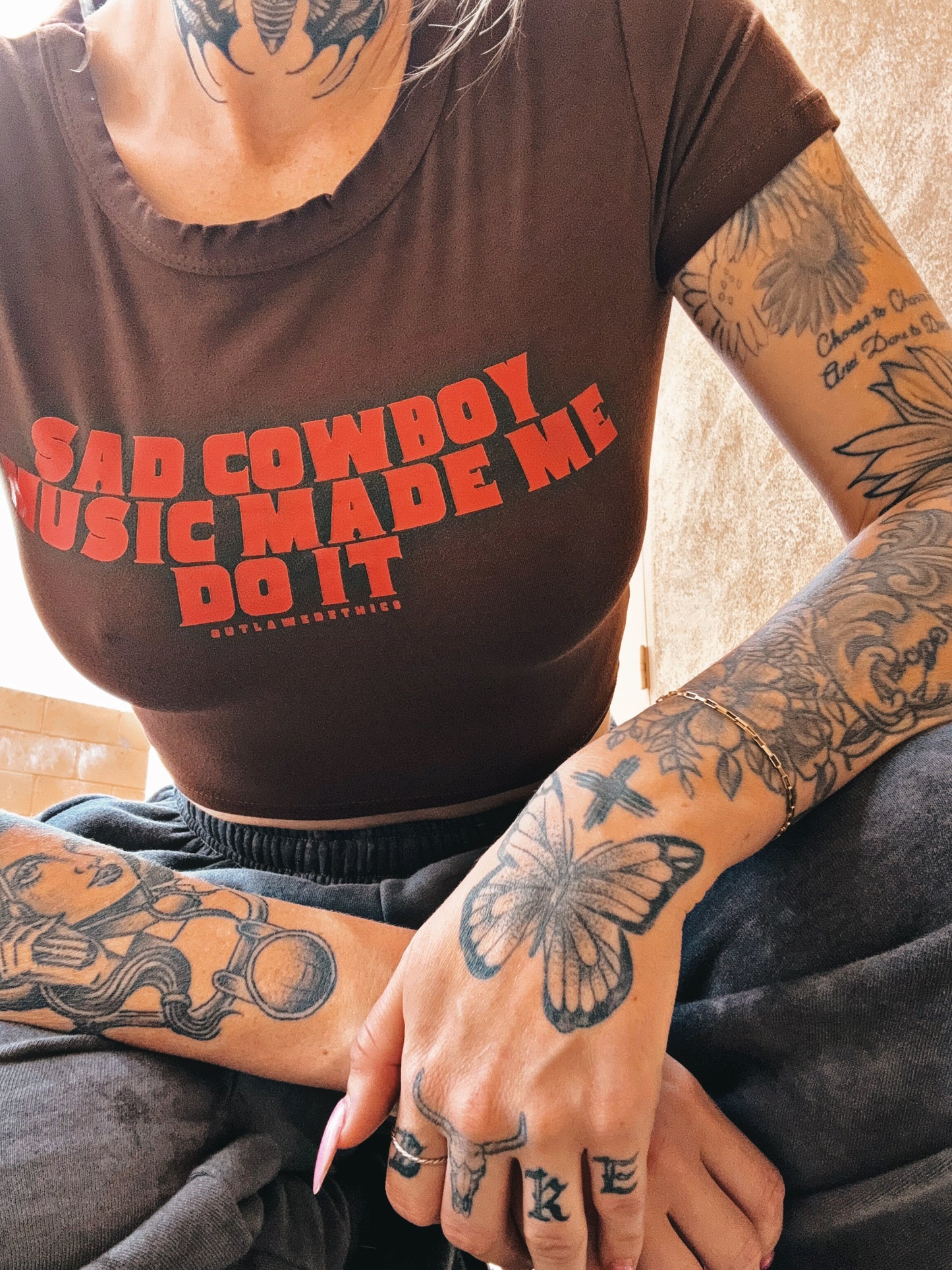 Sad Cowboy Music Made Me Do It Brown Crop Tee Red Lettering