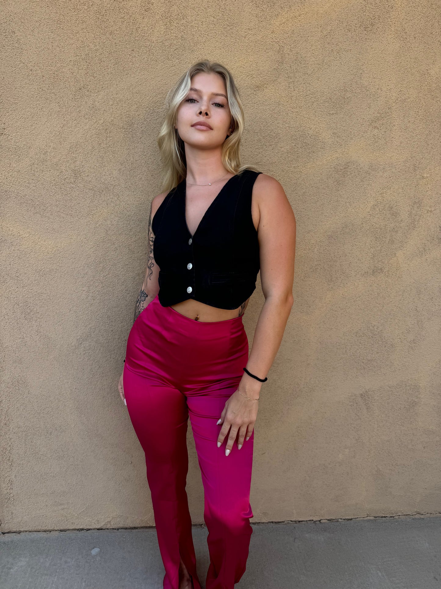 Punchy Pink Silky Split Hem Pants