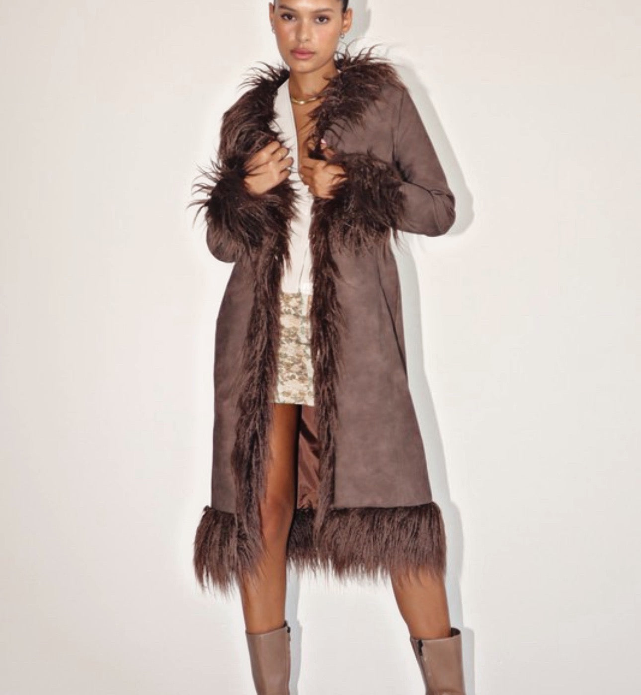 BROWN Shaggy Fur Trim Coat