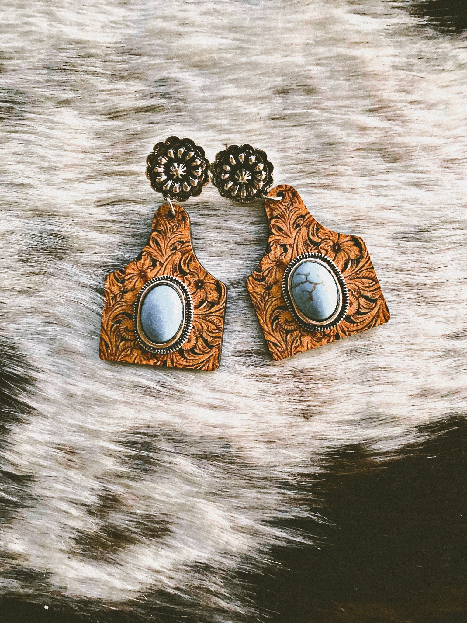 Turquoise and Leather Tooling Wood Cattle Tag Earrings