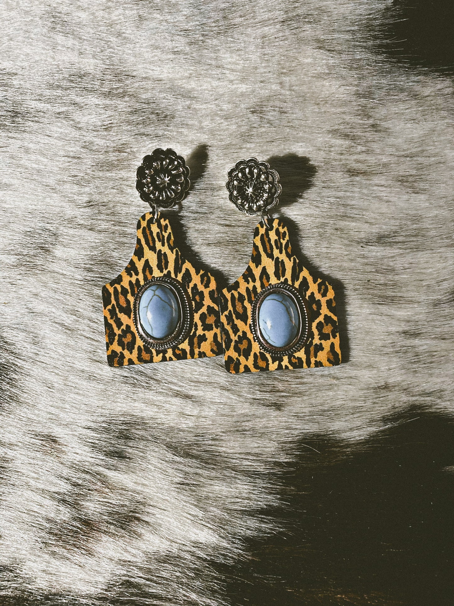 Turquoise and Leopard Wood Cattle Earrings