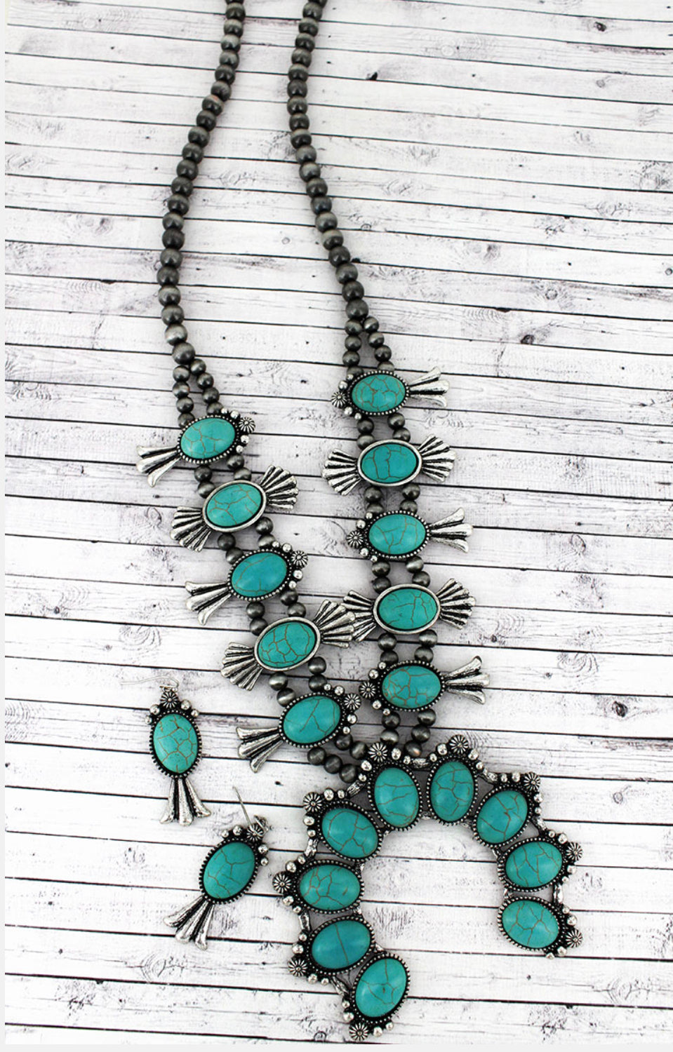 TURQUOISE BEADED SQUASH BLOSSOM SILVER NAVAJO INSPIRED PEARL NECKLACE AND EARRING SET