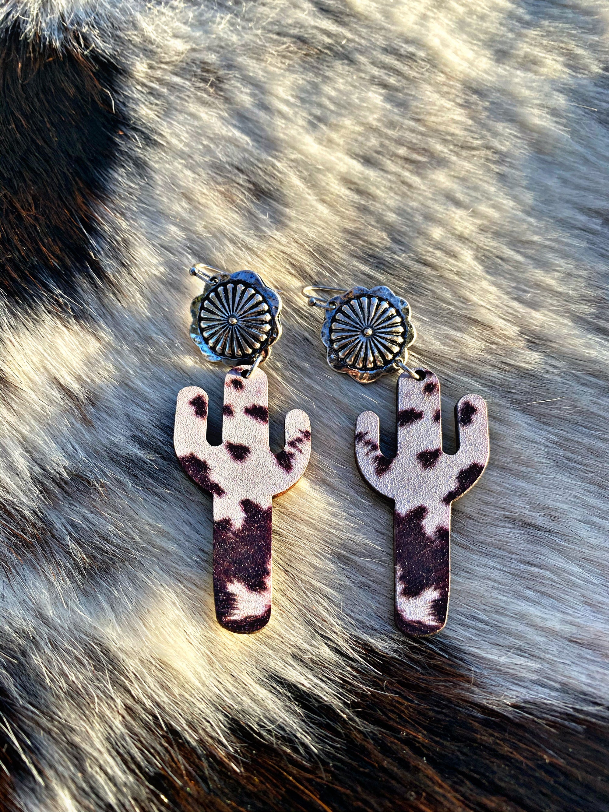 Cowhide Cactus Concho Earrings