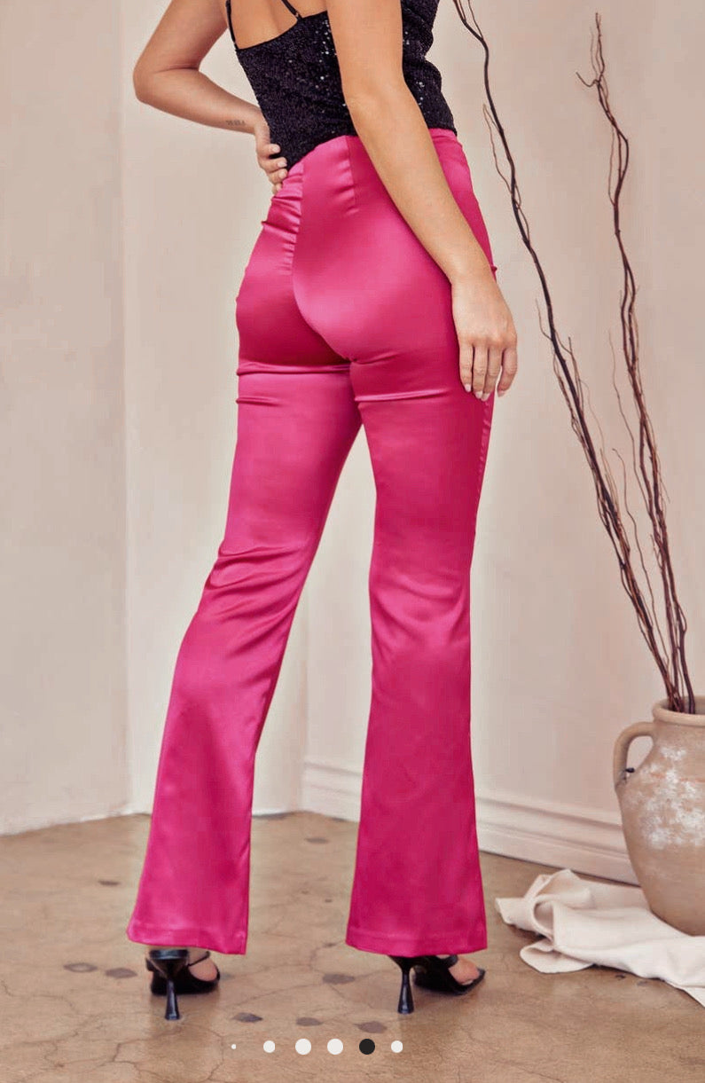 Punchy Pink Silky Split Hem Pants