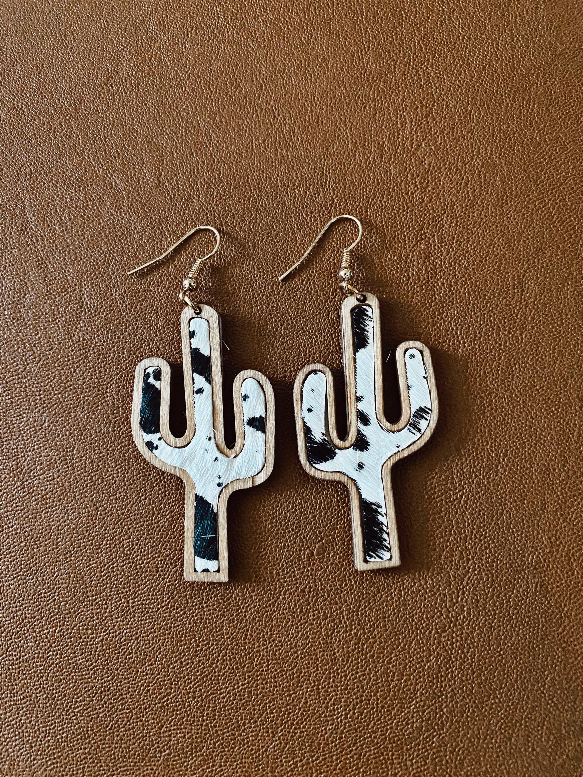 Wood Trimmed Cow Print Cactus Earrings