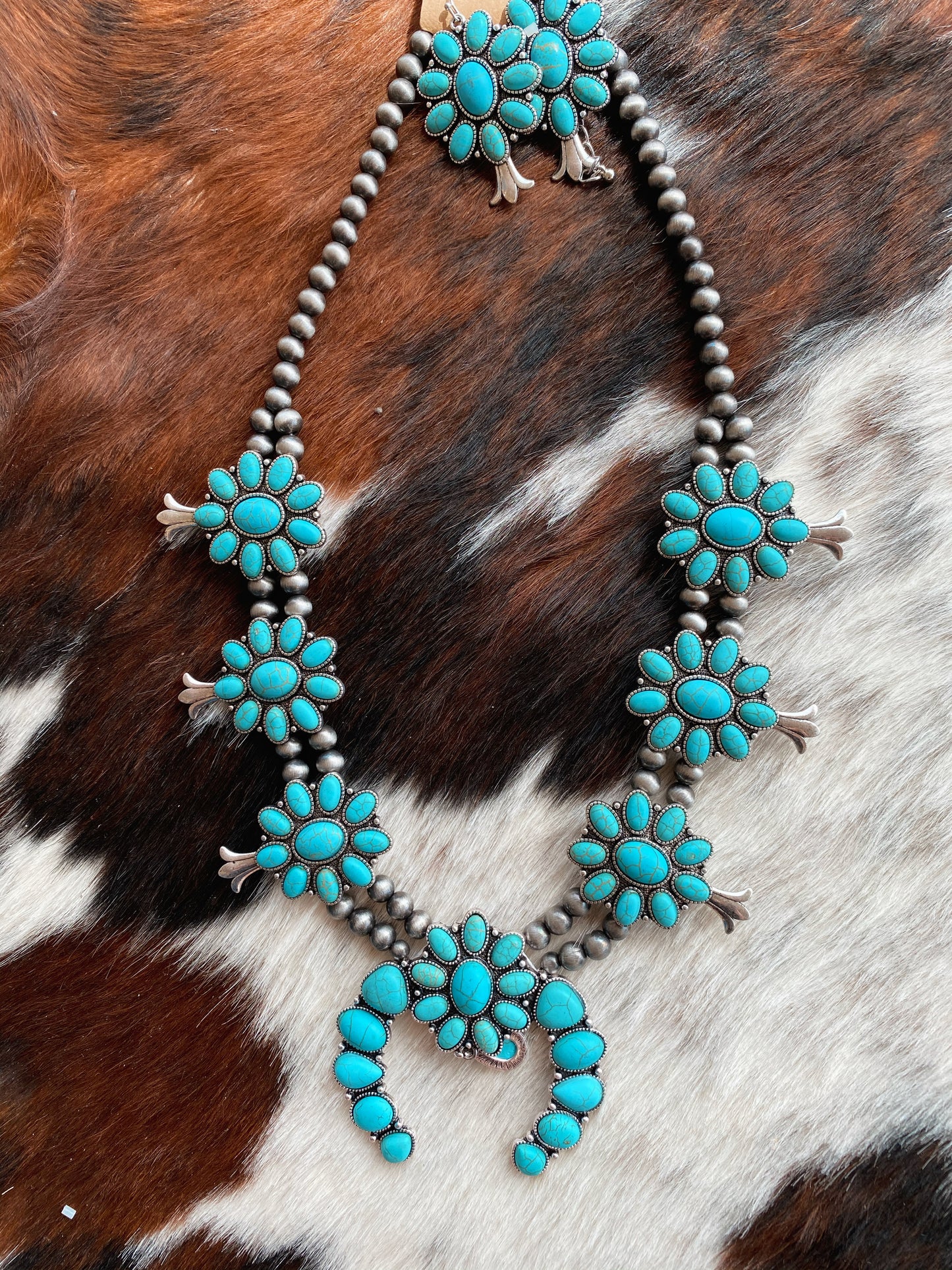 Turquoise Beaded Flower Squash Blossom Navajo Inspired Pearl Necklace and Earring Set