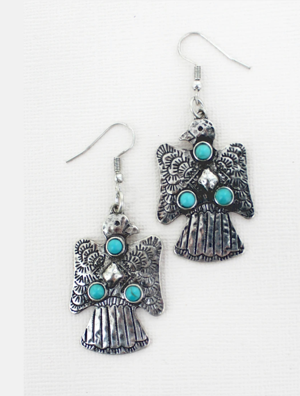 Turquoise Beaded Silvertone Thunderbird Earrings