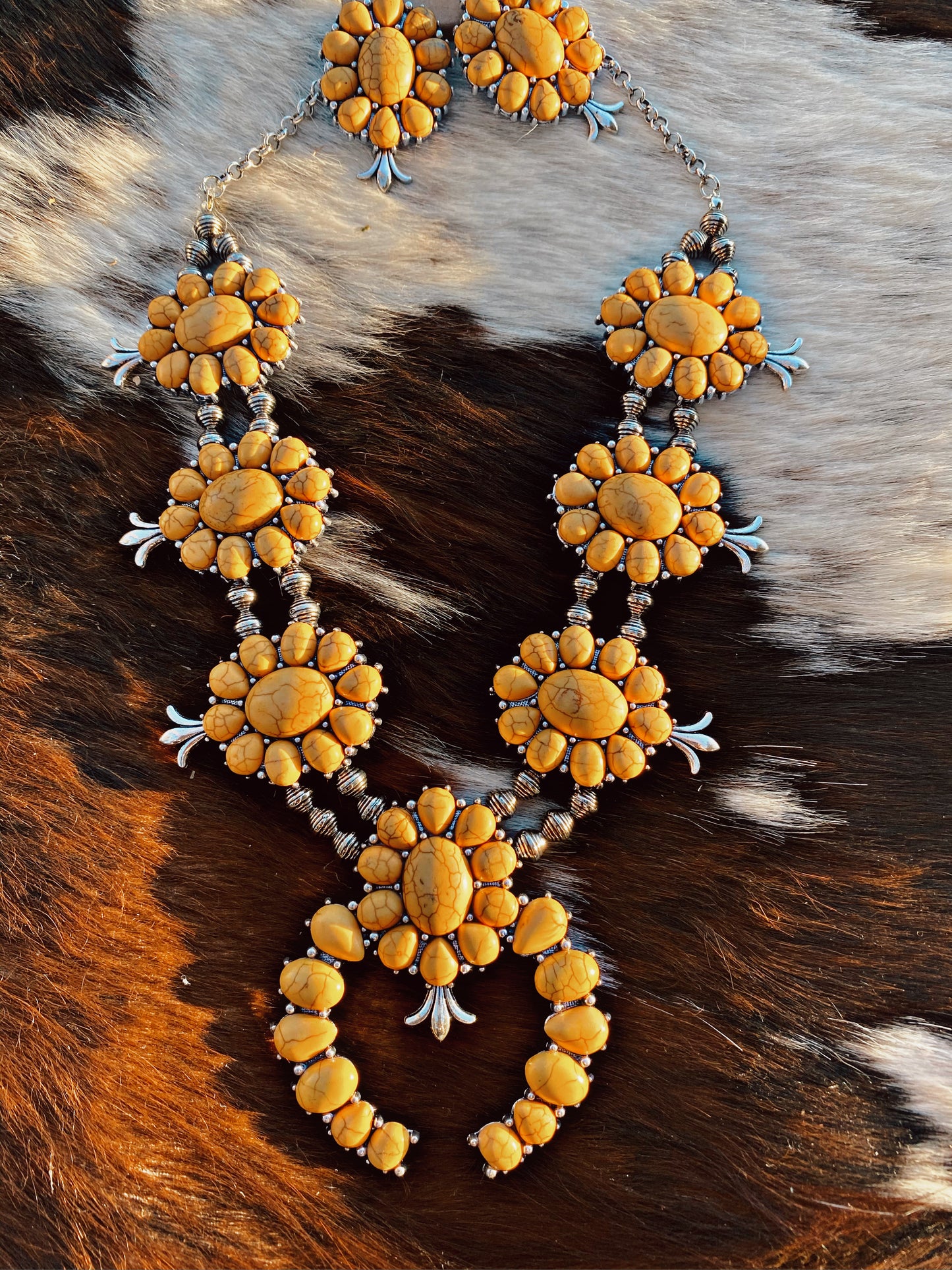 Yellow Beaded Flower Squash Blossom Navajo Inspired Pearl Necklace and Earring Set