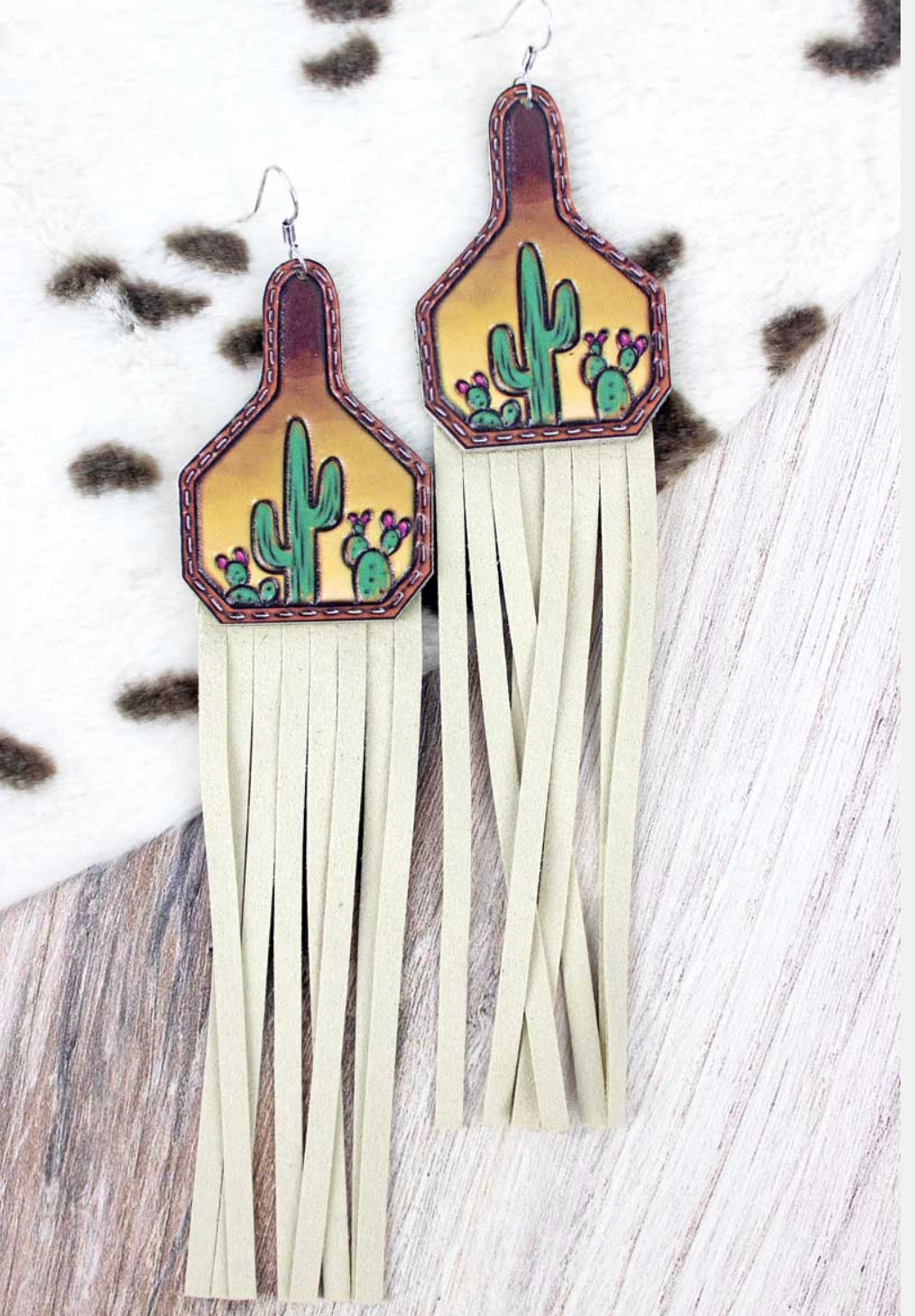 Cactus Faux Leather Cow Tag Ivory Fringe Earrings
