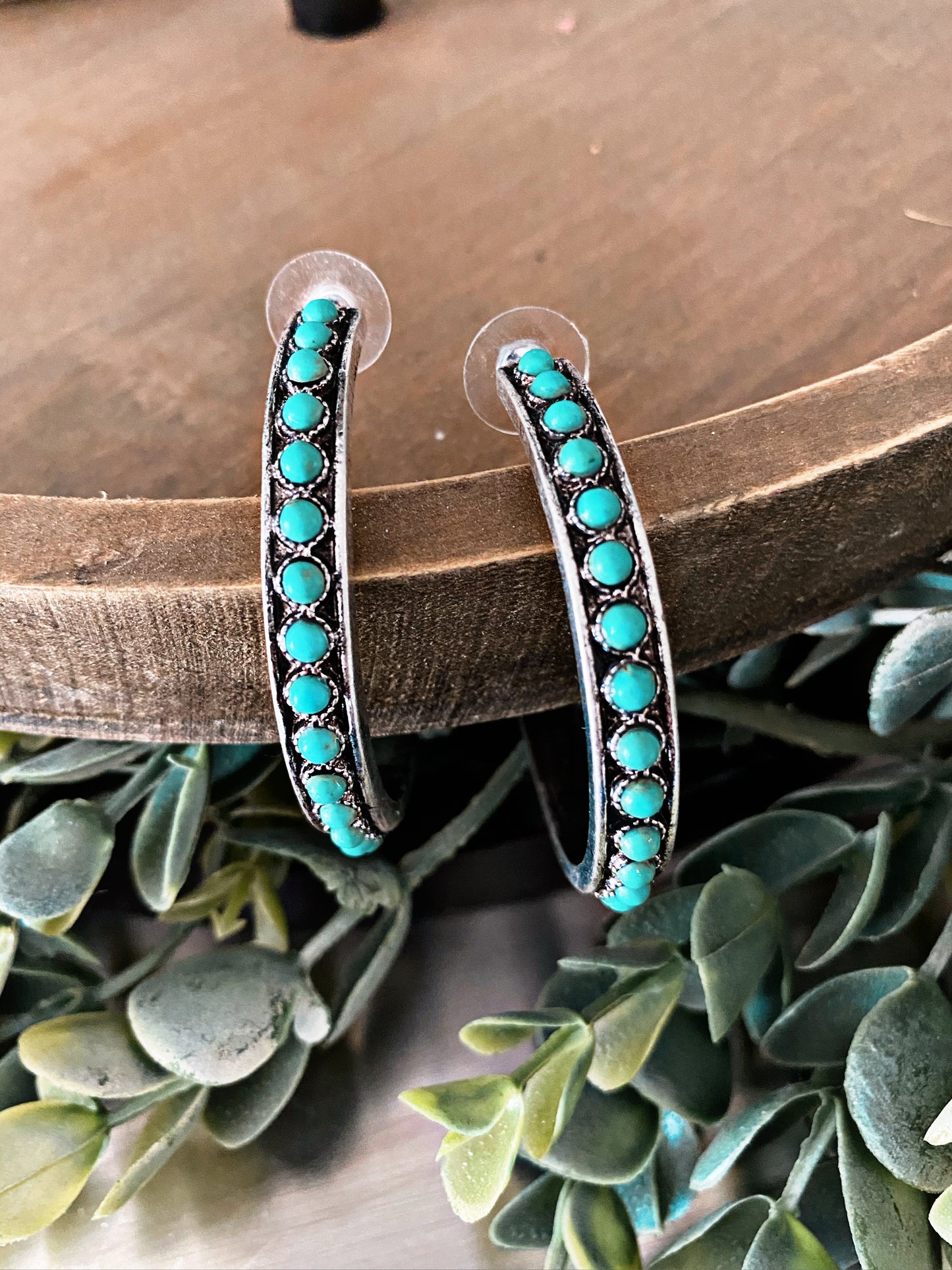 Turquoise Beaded and Silvertone Hoop Earrings
