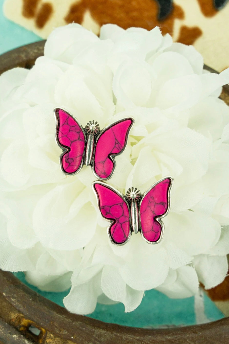 Fuchsia Pink Butterfly Silvertone Earrings