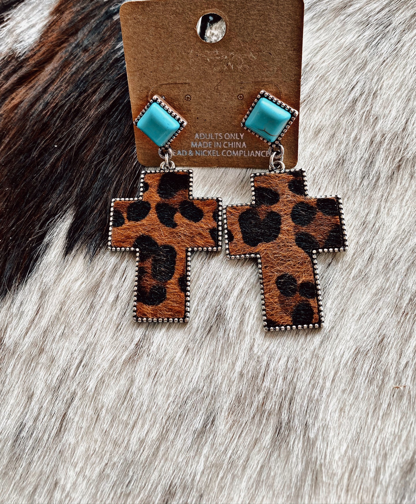 Turquoise Bead and Dark Leopard Cross Post Earrings