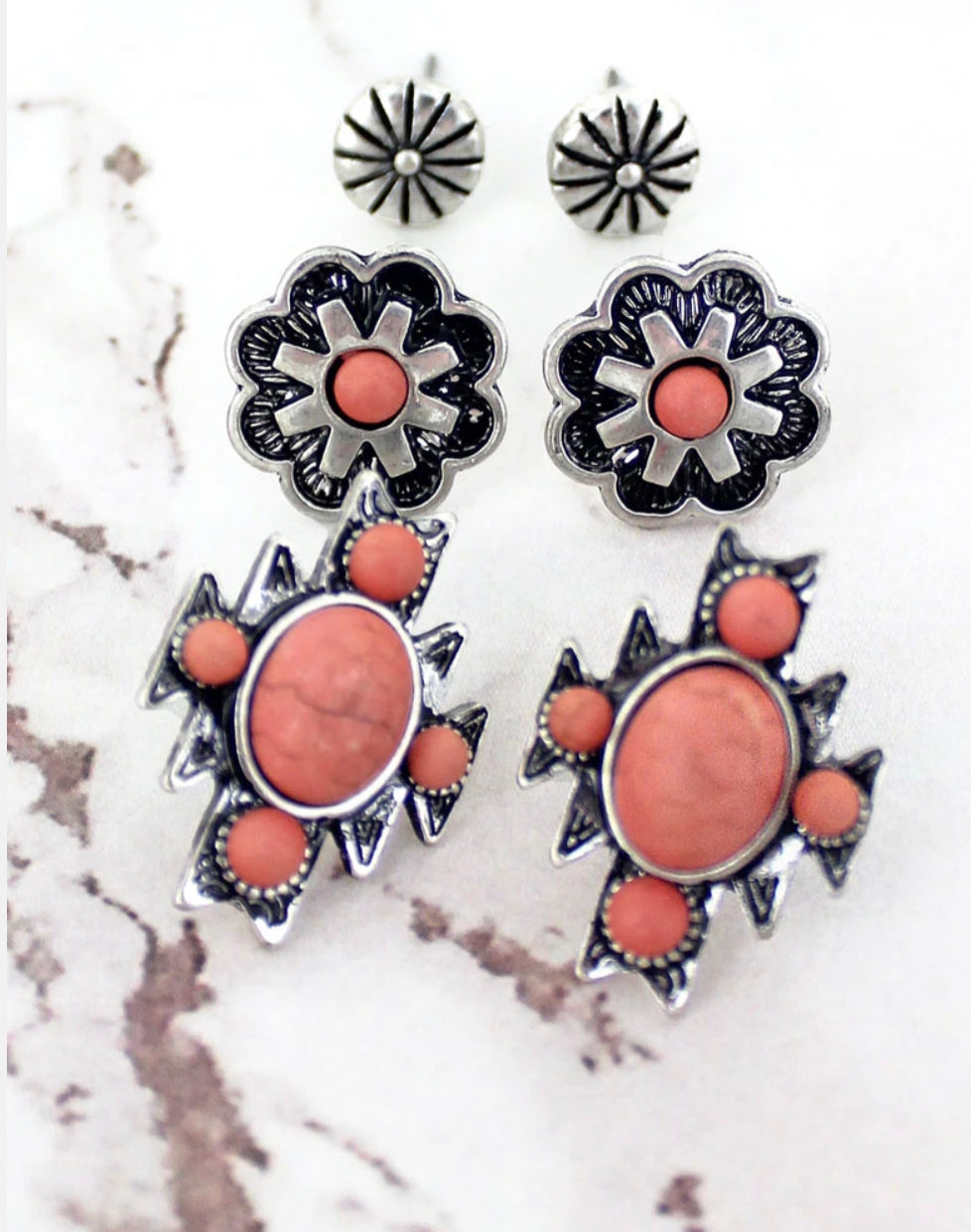 Pink Western Cross and Flower Stud Earrings 3 Pair Set