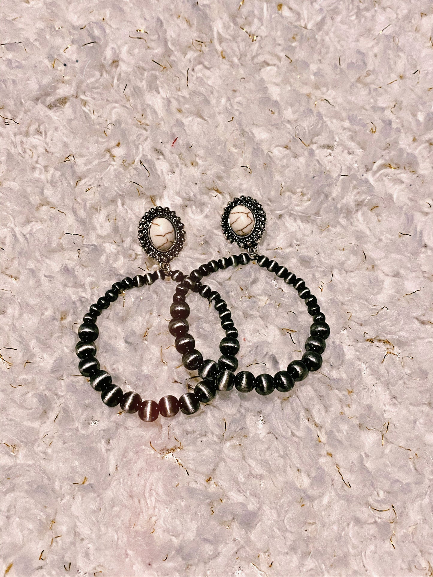 White Stone Concho and Silver Navajo Hoop Earrings