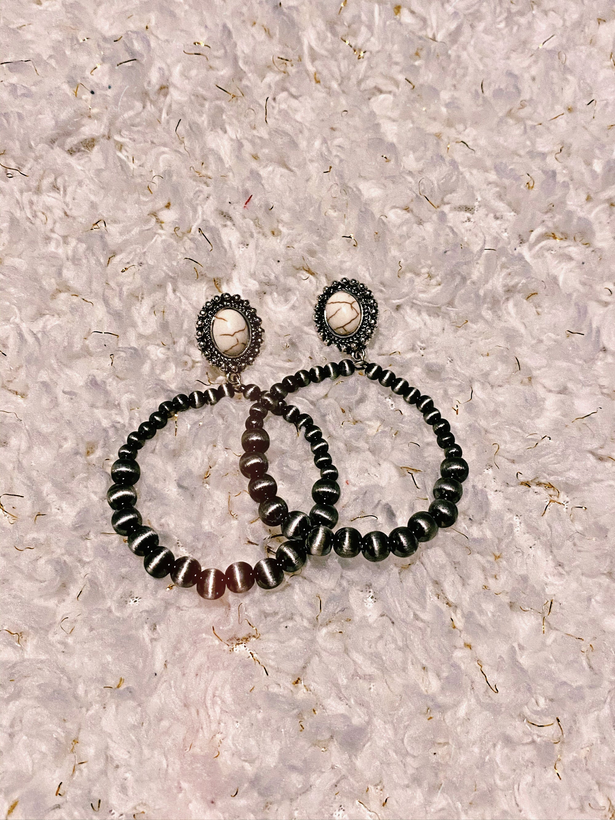 White Stone Concho and Silver Navajo Hoop Earrings