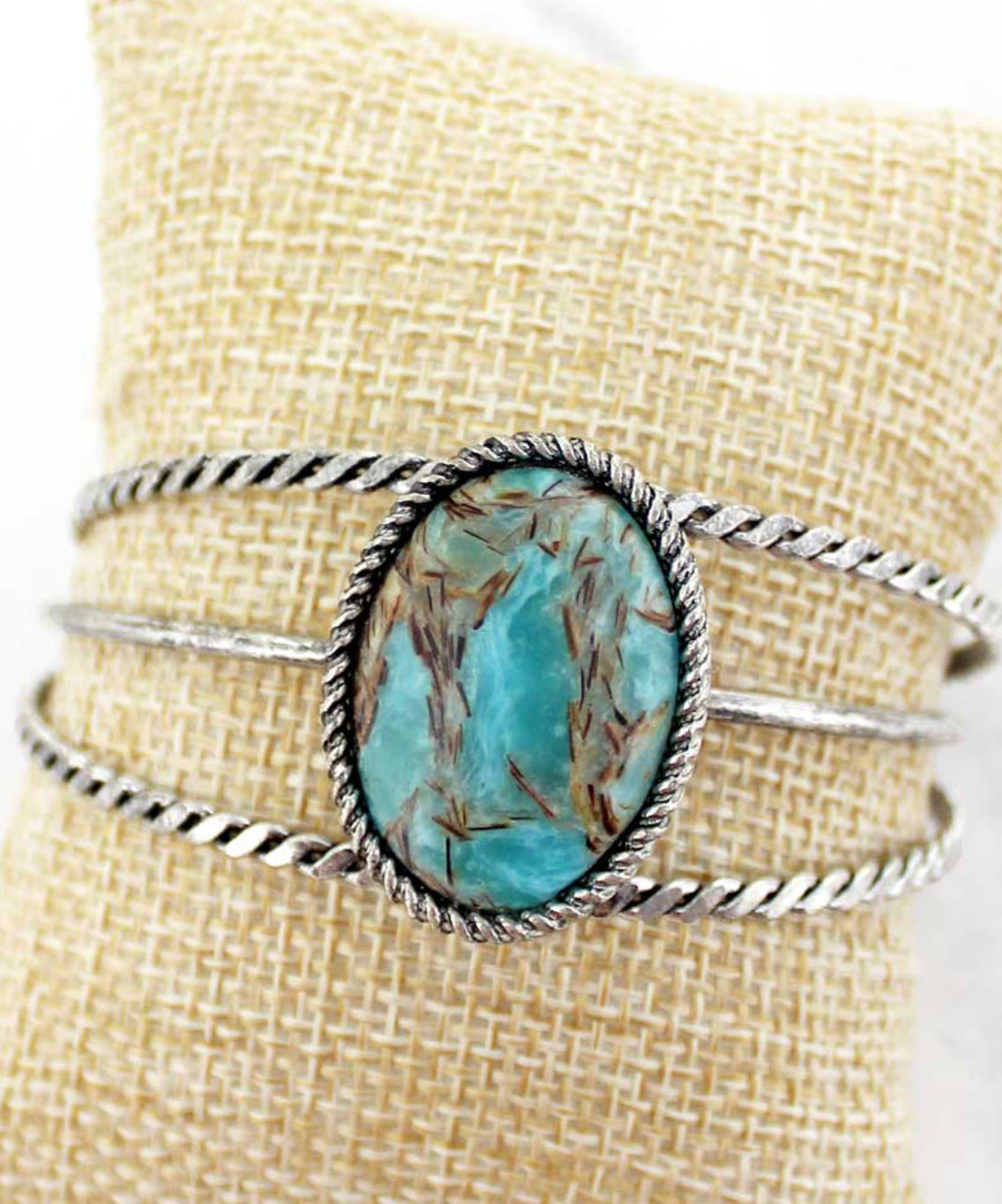 Turquoise Marbled Oval Silvertone Cuff Bracelet