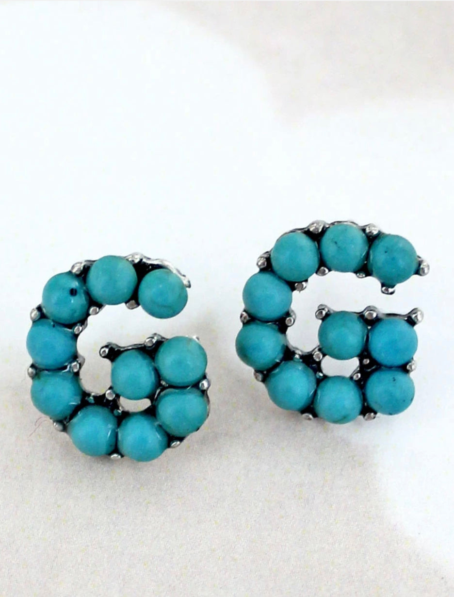 Turquoise Beaded 'G' Initial Stud Earrings
