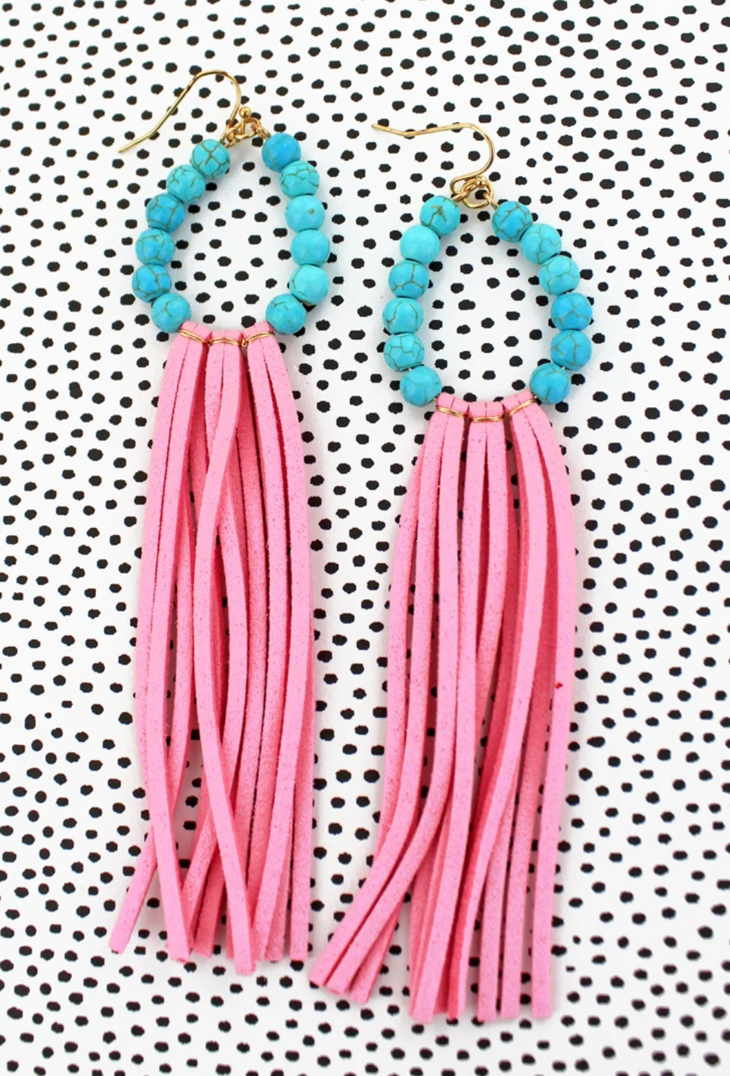 Turquoise Beaded Loop and Pink Faux Suede Tassel Earrings