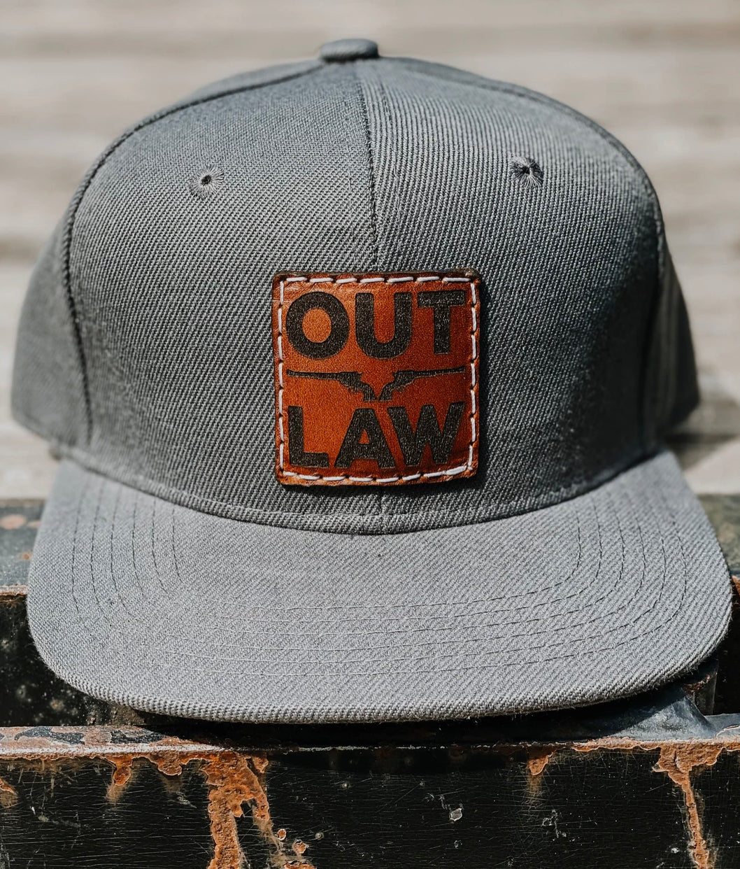 Grey Outlaw Leather Patch Hat