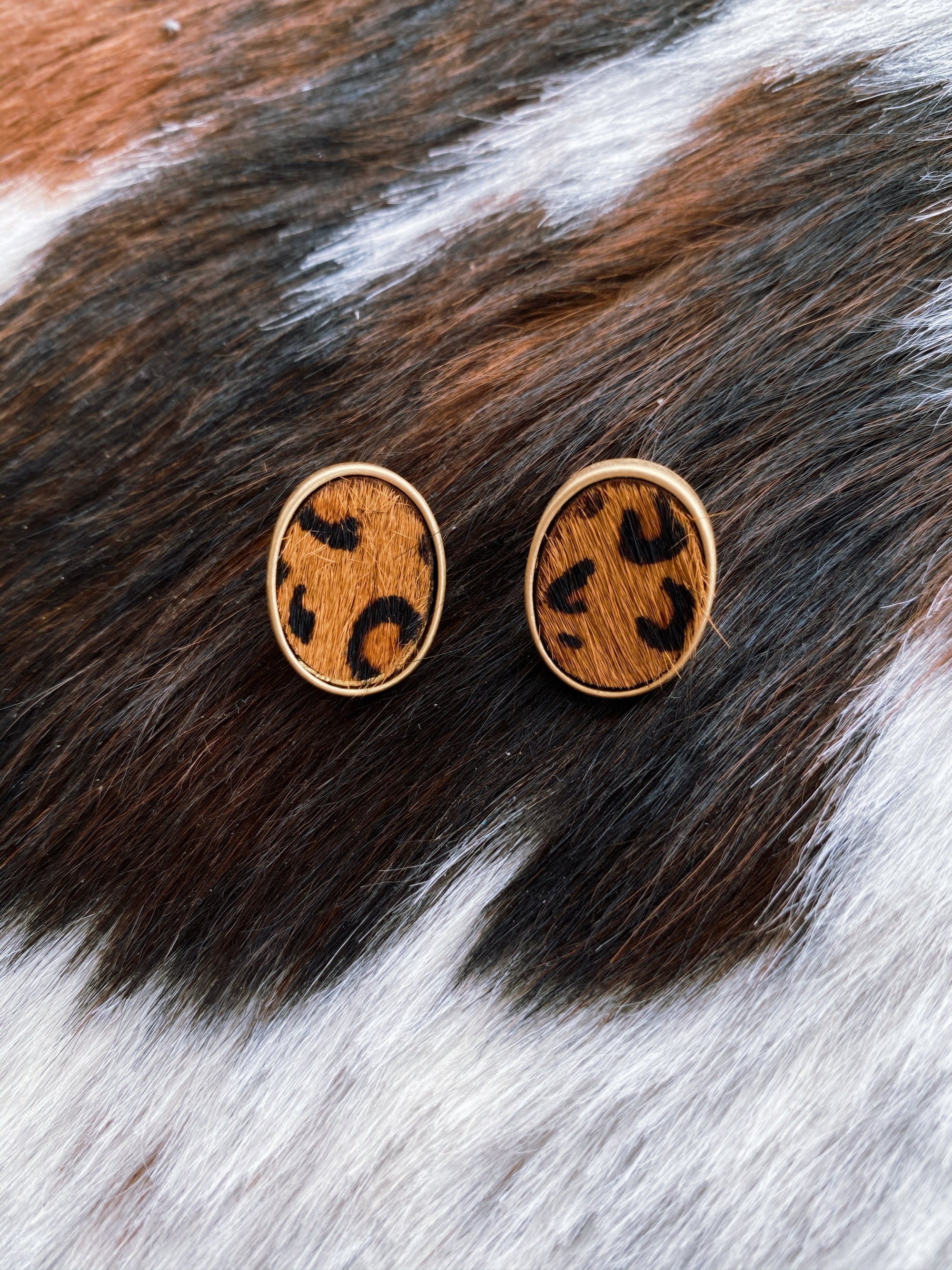 Goldtone Trimmed Dark Leopard Oval Stud Earrings