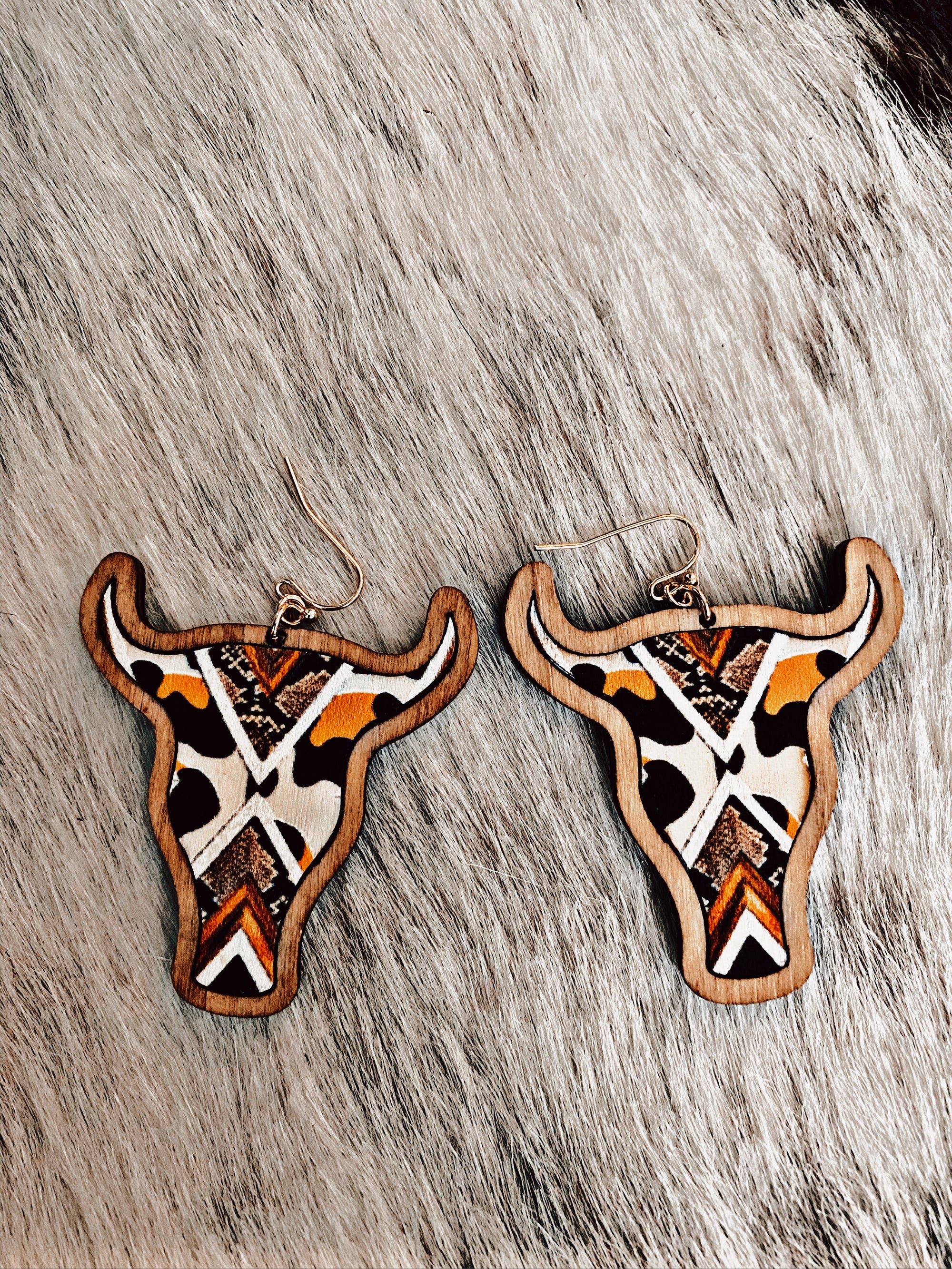 Wild Chevron Wood Steer Head Earrings