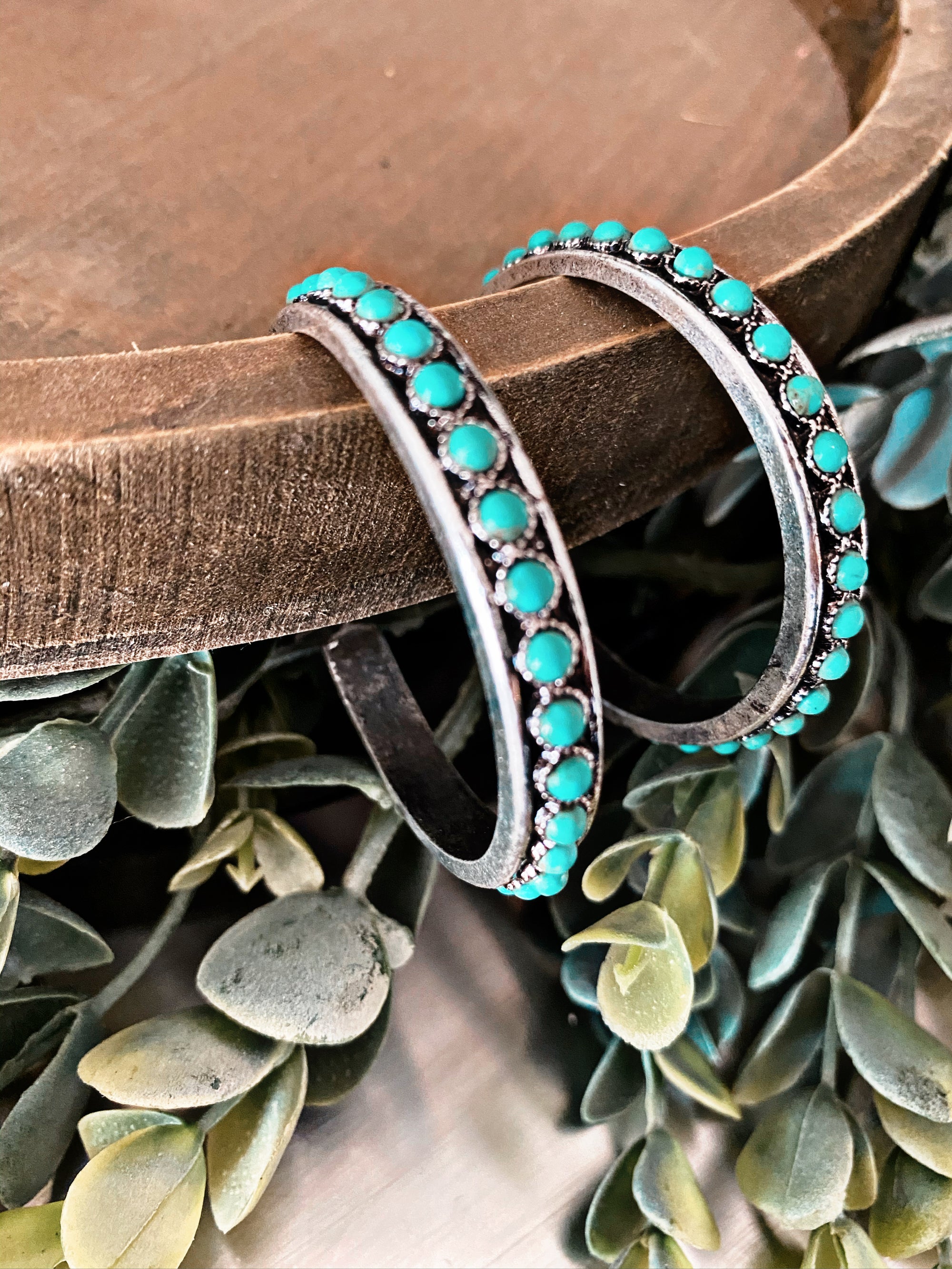 turquoise-beaded-and-silvertone-hoop-earrings
