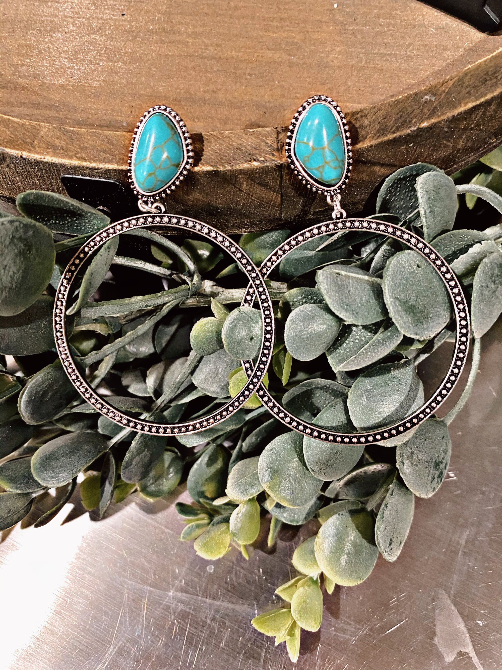 Turquoise Stone and Textured Silvertone Hoop Earrings